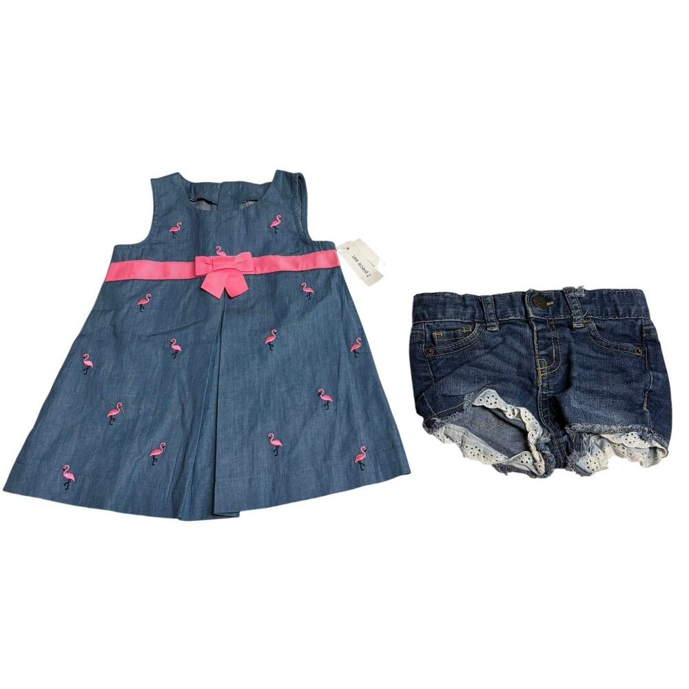 Crown & Ivy Flamingo Dress Pink Bow Sleeveless And Cat Jack Denim Short 12M